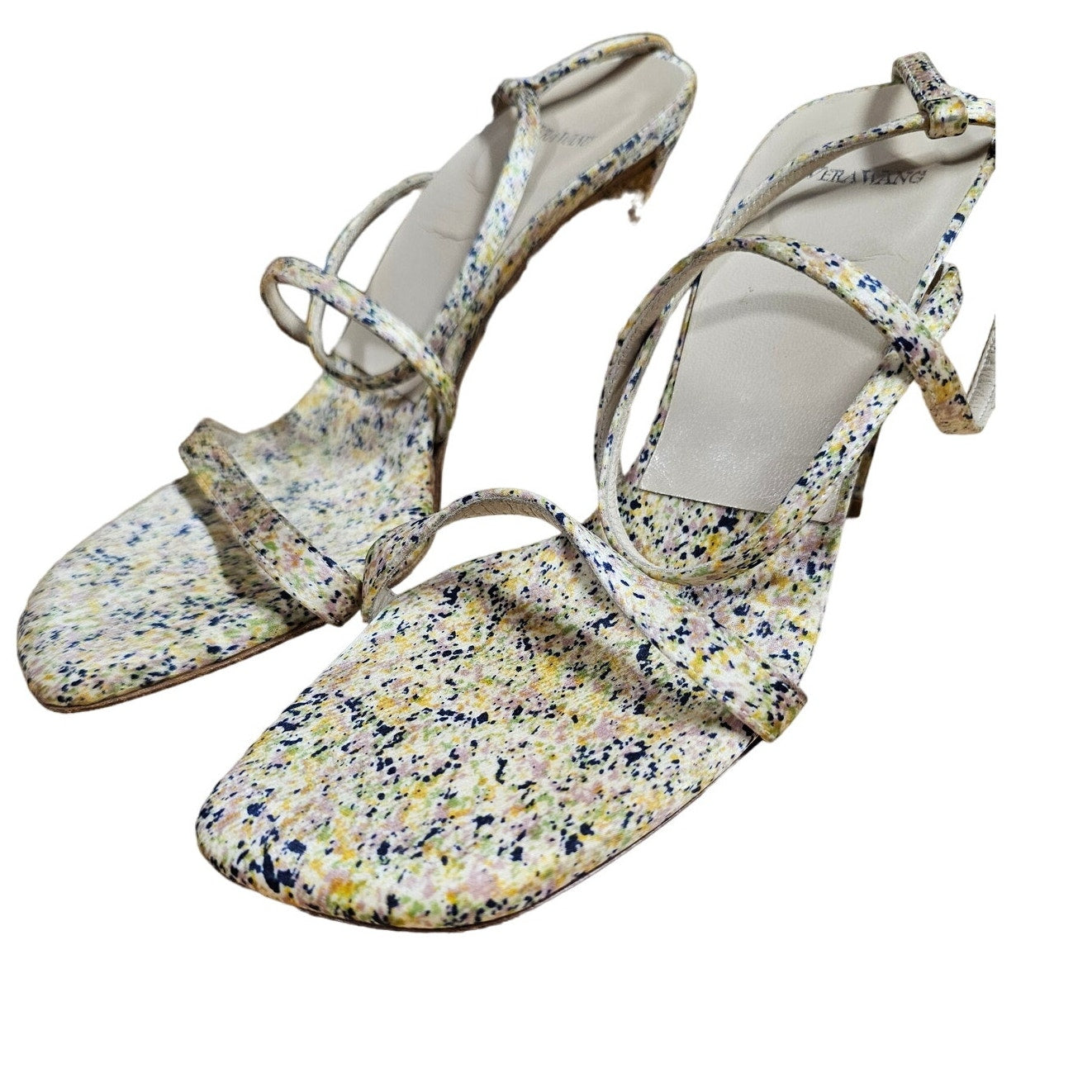 VERA WANG Strappy Ladies Silk Heels Splatter Design Size 7