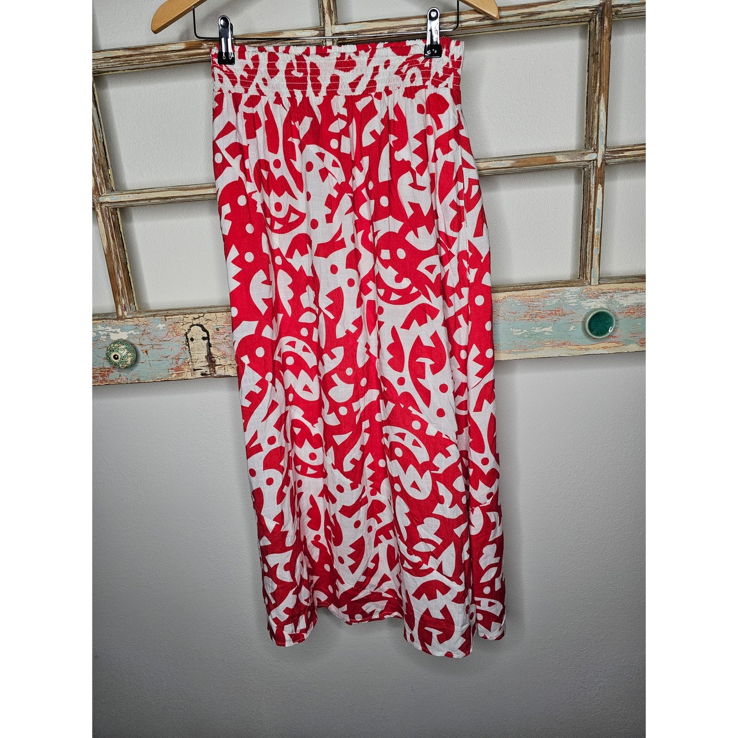 The Odells Red/White Abstract A-Line Midi Skirt Pockets size Small