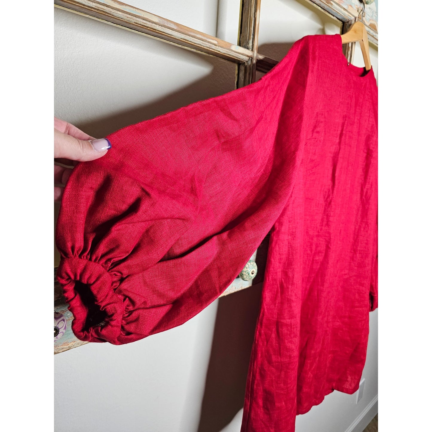 Red Linen knee length dress / Puff sleeves Ladies size ladies Medium