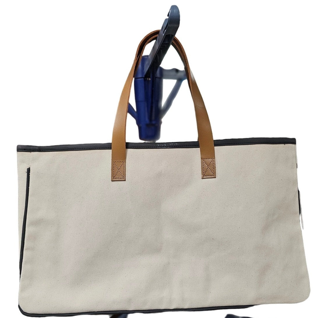 "Honeymoon Vibes" Canvas White Tote with Leather Handles and Blue