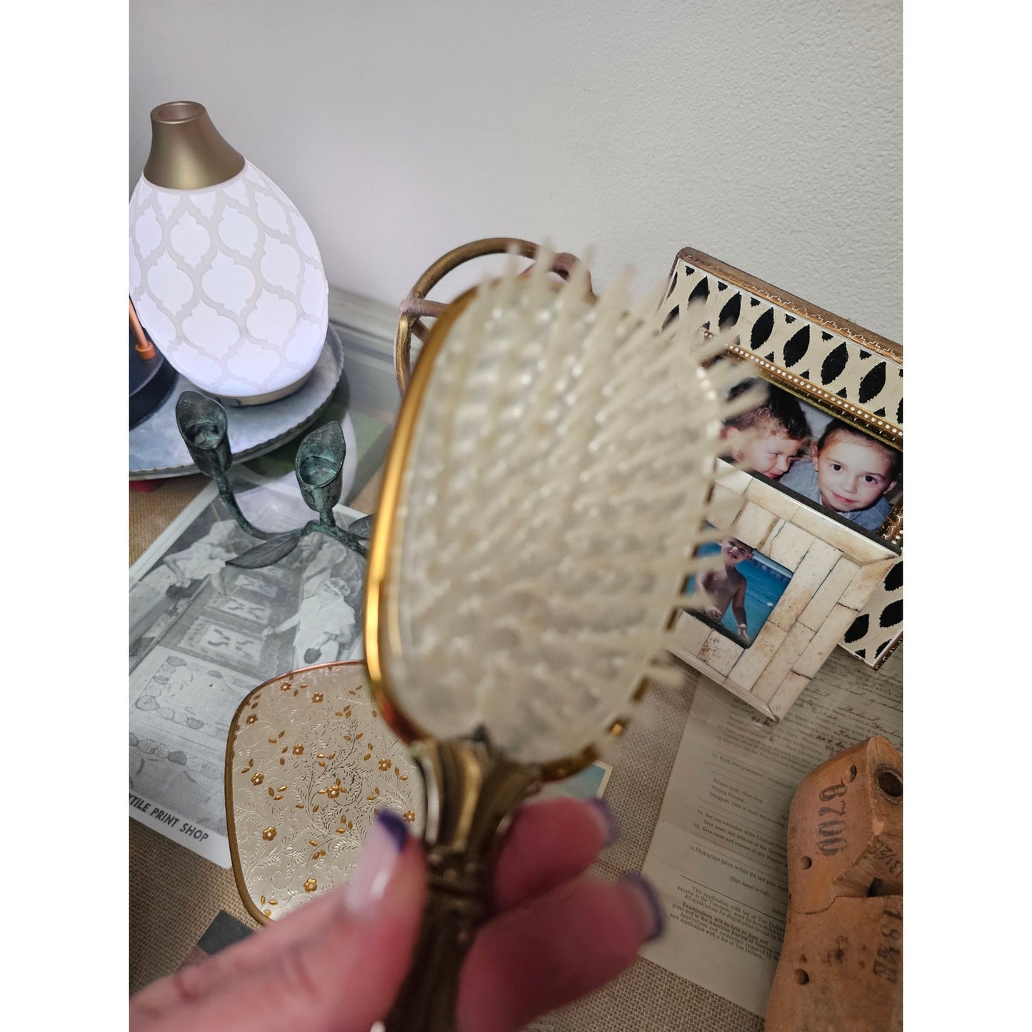 Vintage 60's Matching Mirror, Brush & Comb Vanity Set Gold & Silver