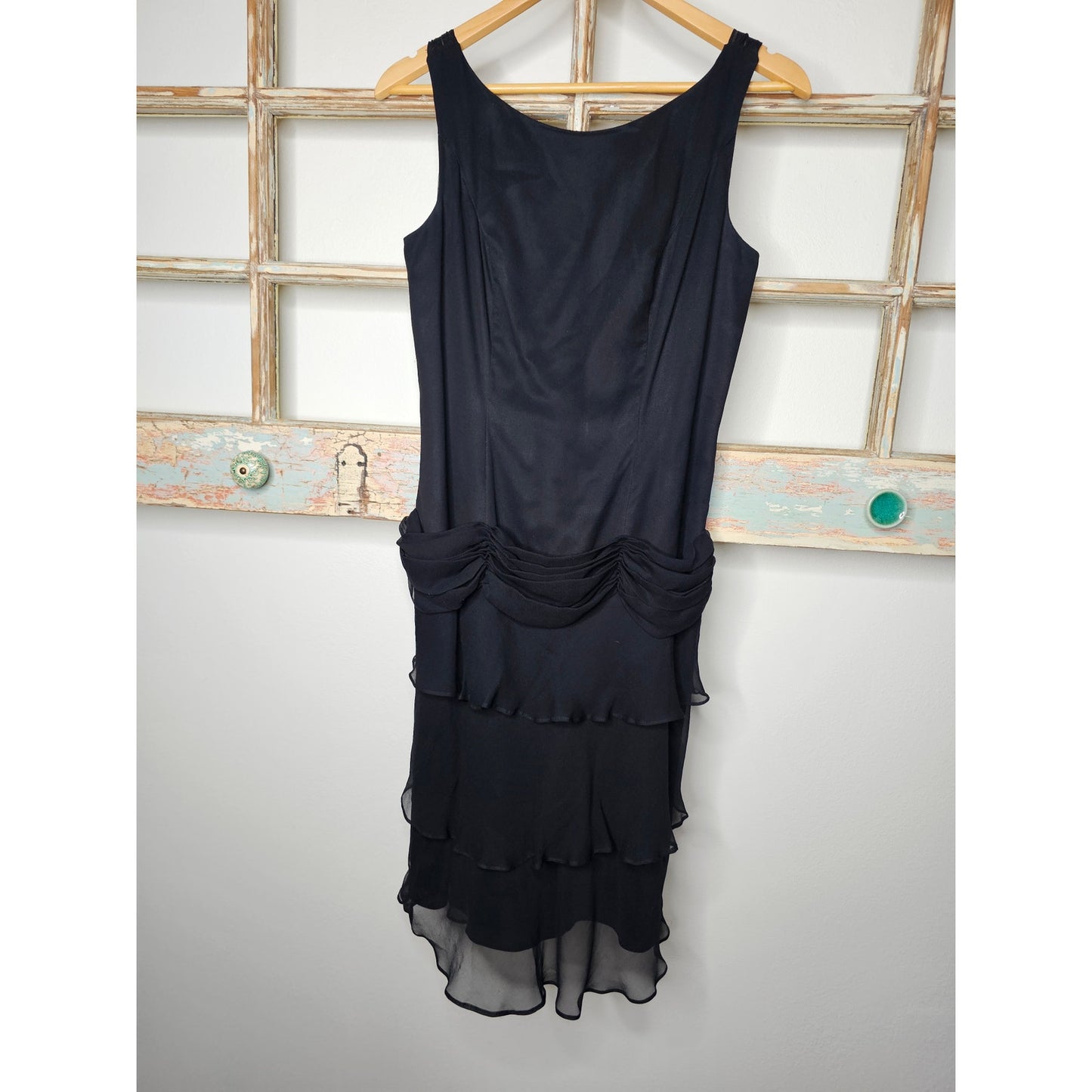 Vintage 100% Silk lined Sleeveless tiered Midi Dress w/ Swag waist size 8