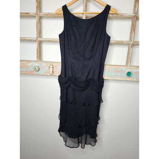 Vintage 100% Silk lined Sleeveless tiered Midi Dress w/ Swag waist size 8