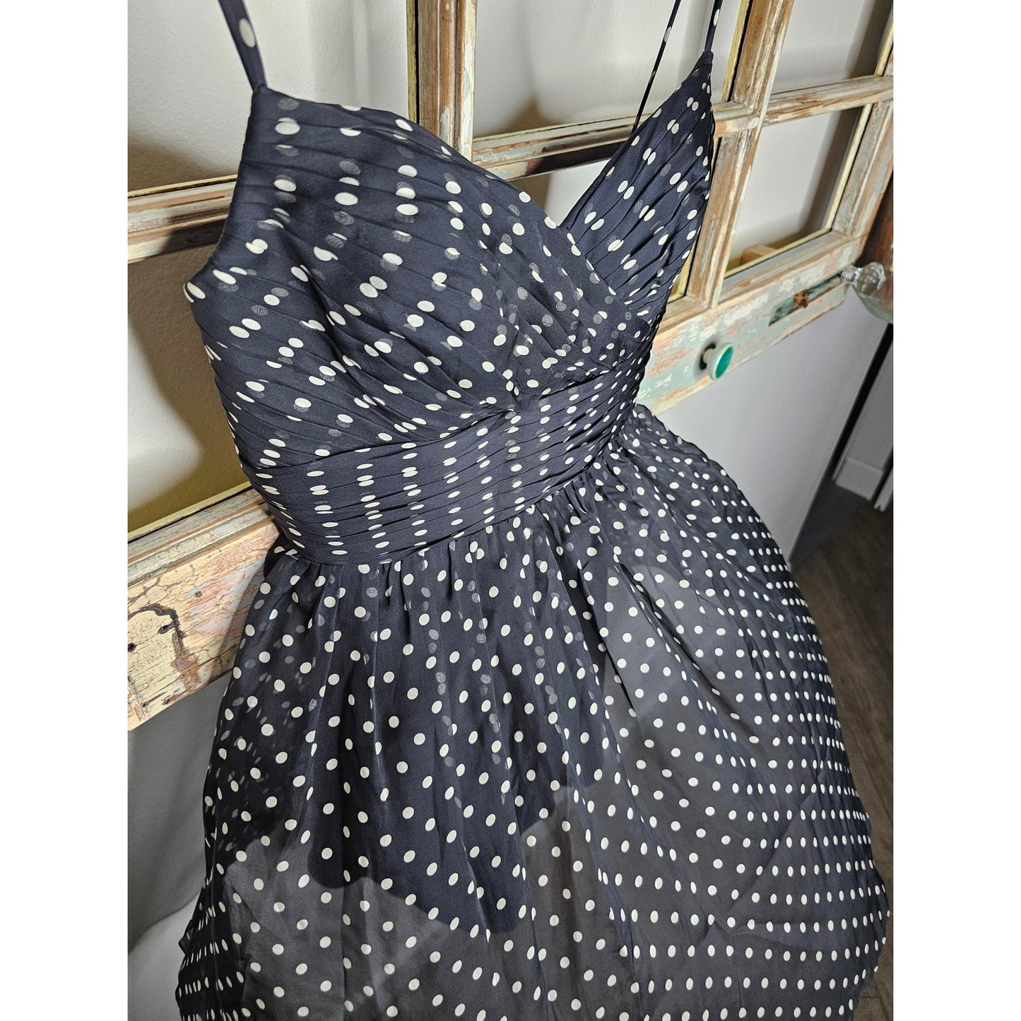 Black & White 100% Silk Polka Dot Mini Dress Spaghetti Straps Ladies size 8