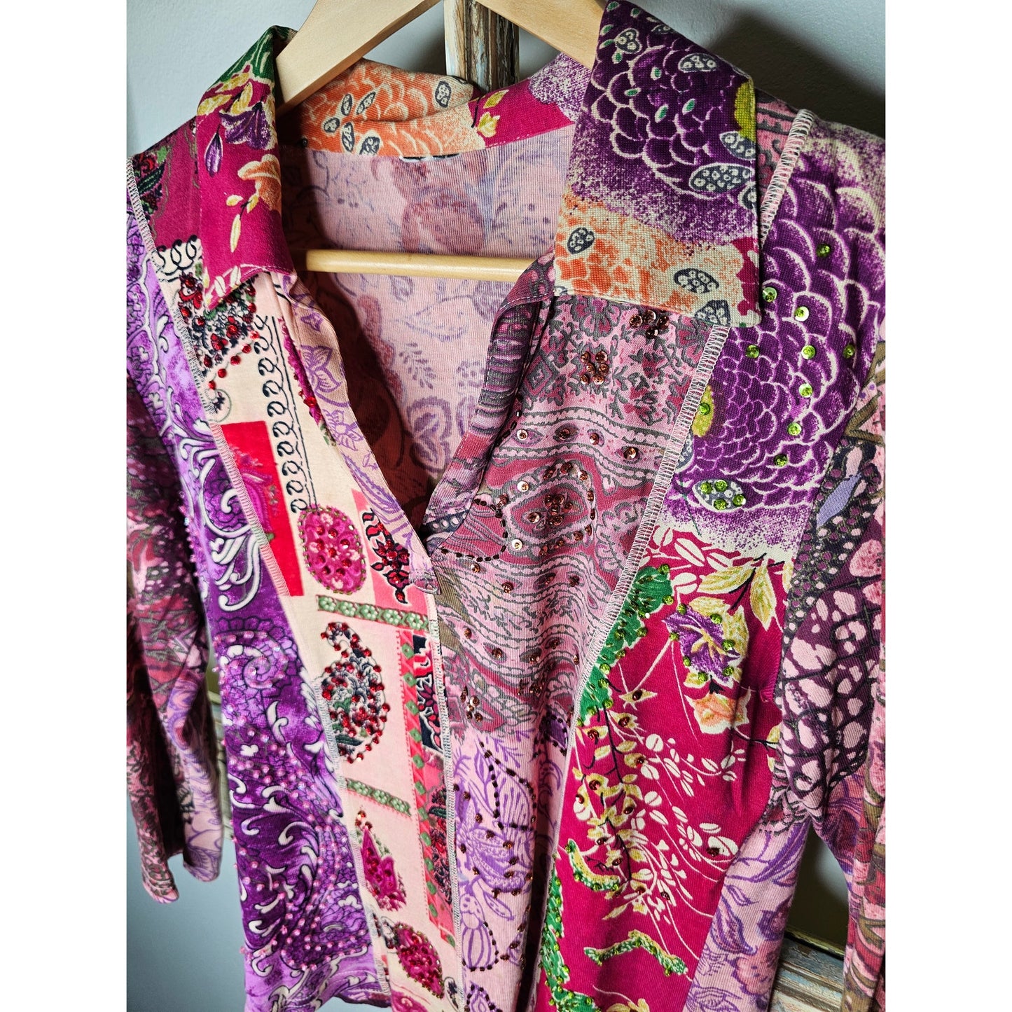 PatchWork Pattern shirt with sequence V- neck ladies size small