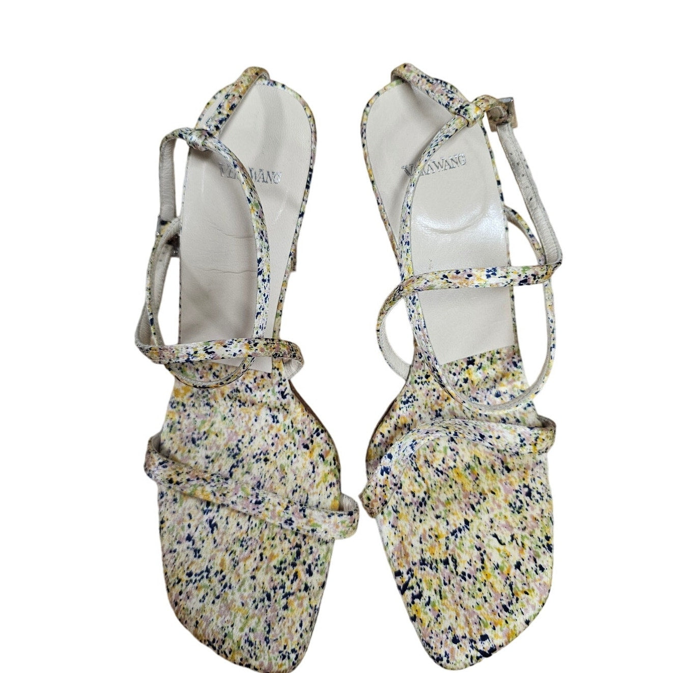 VERA WANG Strappy Ladies Silk Heels Splatter Design Size 7