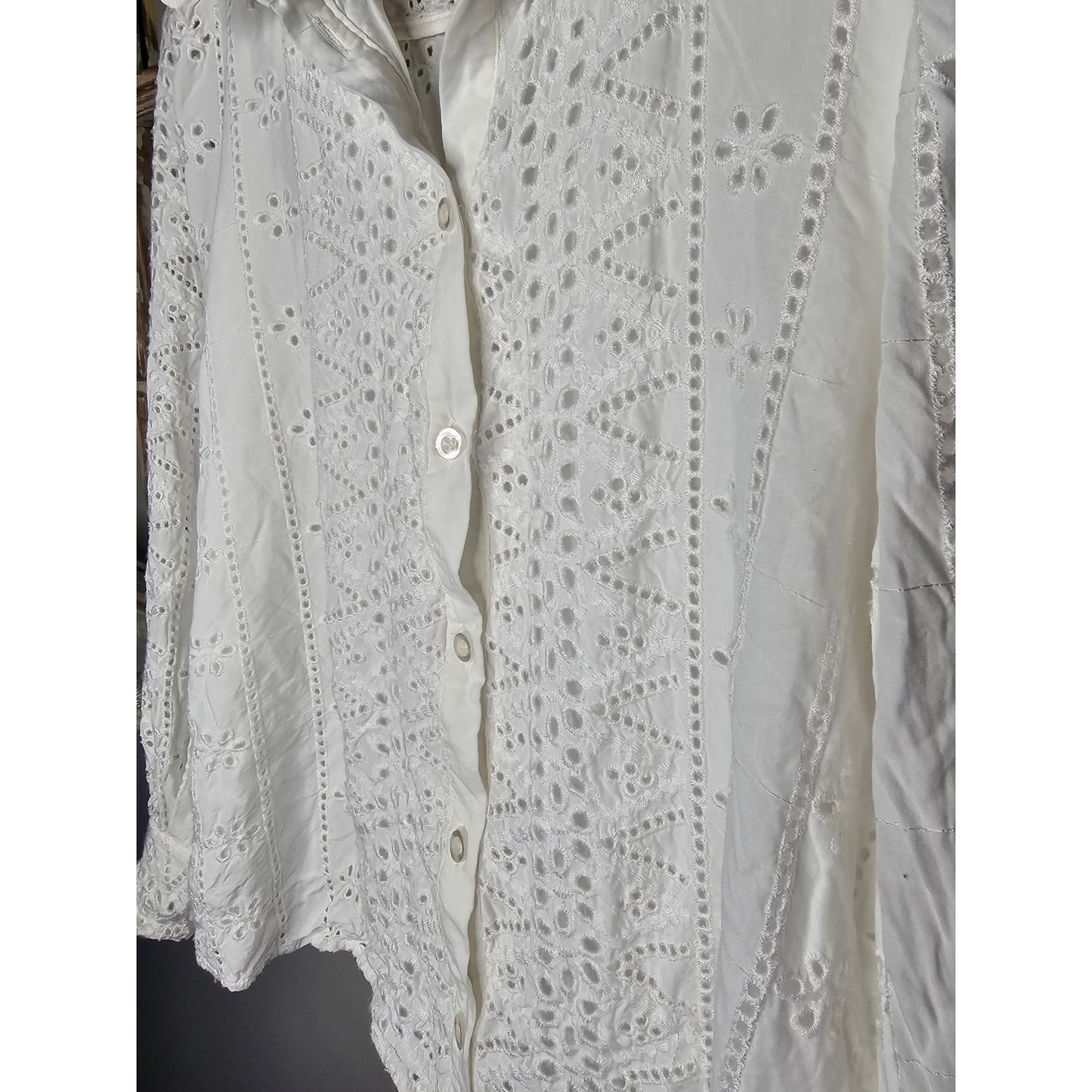 A Loves A Eyelet Lined White Button Up Top Ladies size Medium