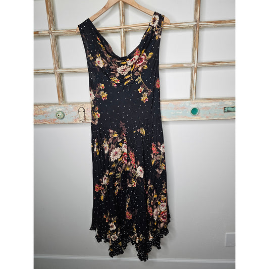 Vintage Sky & Sand Rayon Floral Black Midi Dress Handkerchief Hem Size XL