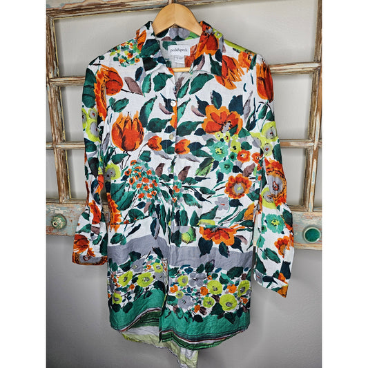 Linen Peck & Peck Fall Floral Tunic Long Sleeve Button Up Ladies size Small