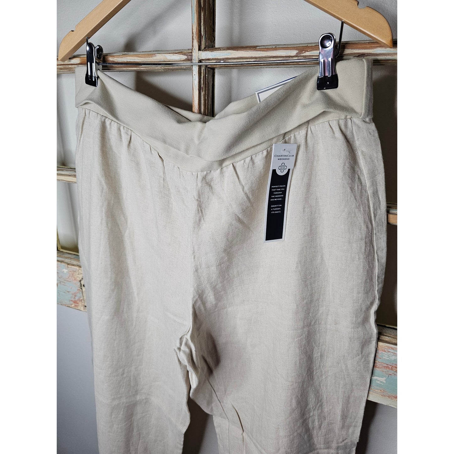 NWT Linen Straight Leg Pants in Flax with Elastic roll down waist Ladies size XL