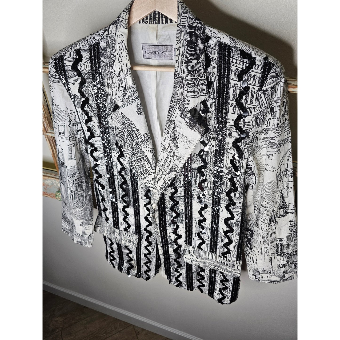 Vintage European Black/White Scenic Blazer with Sequin ric/rac front Size Large