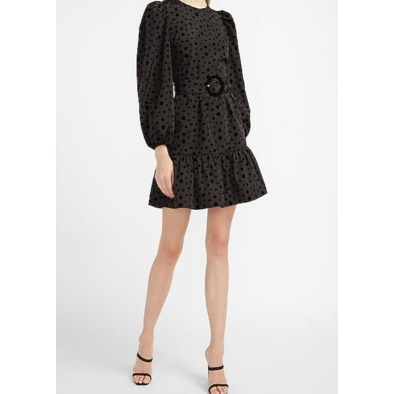 NWT Express black Velvety Polka Dot Puff Sleeve Tiered Dress size Medium