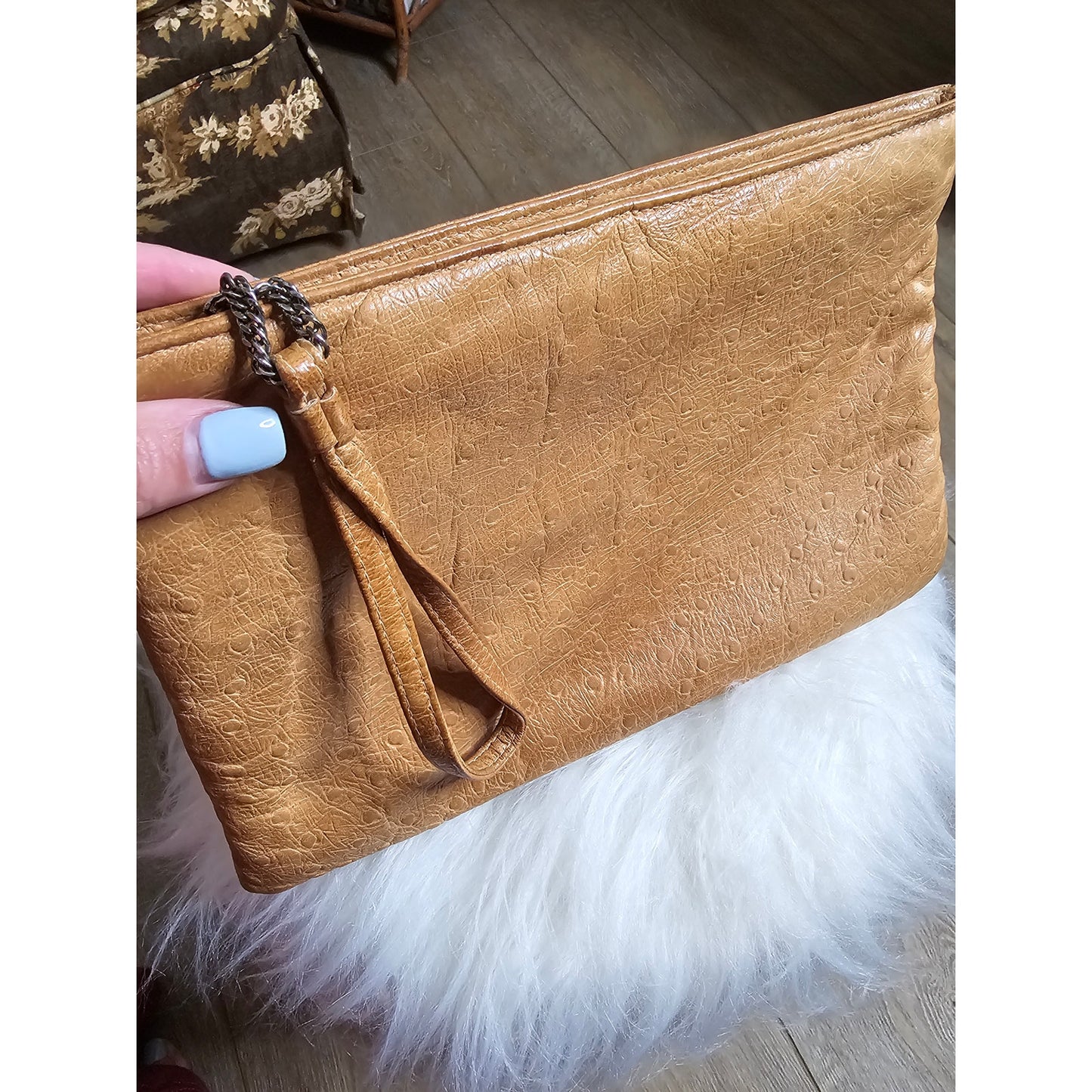 Vintage 80's Ruth Saltz Leather Clutch Ostrich Print