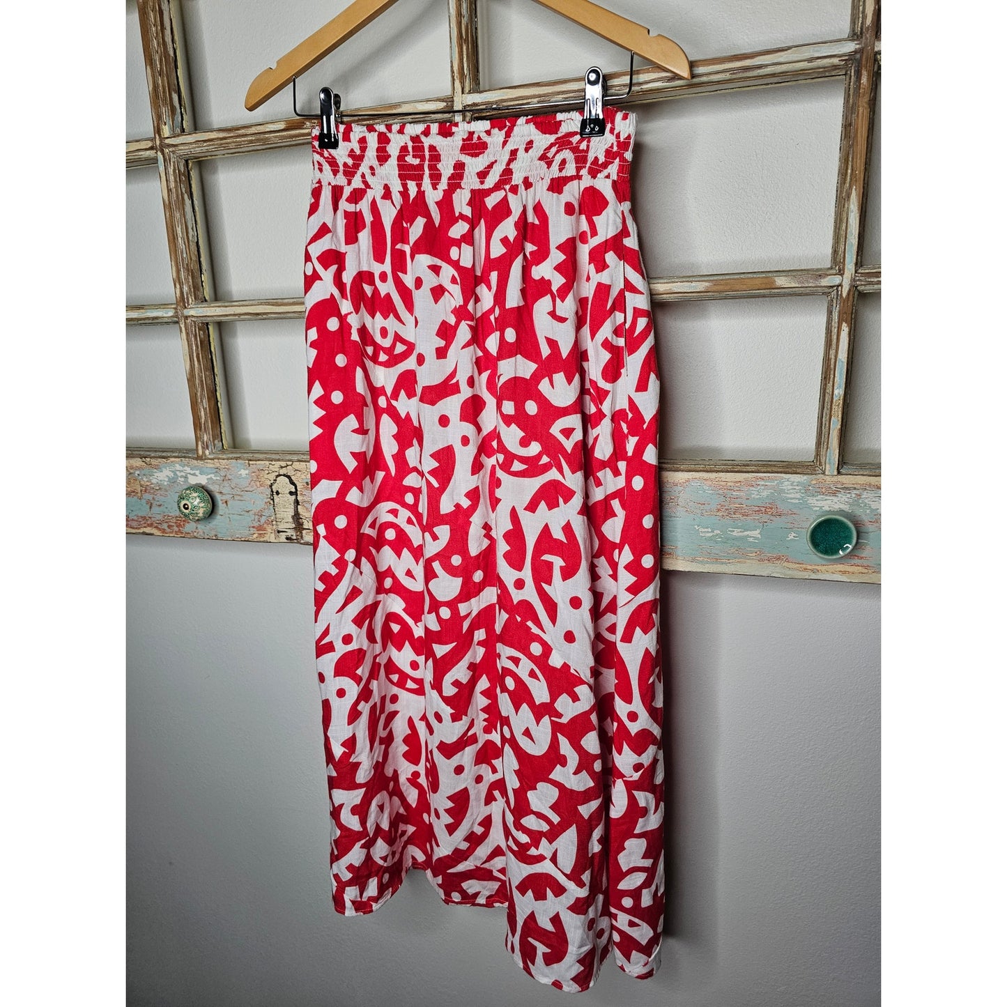 The Odells Red/White Abstract A-Line Midi Skirt Pockets size Small