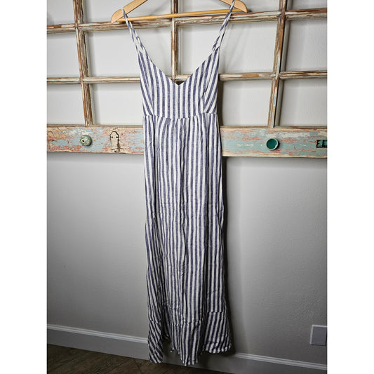 Linen Antibes Blanc Ladies Lined Striped Tiered Midi Dress Ladies Size 6