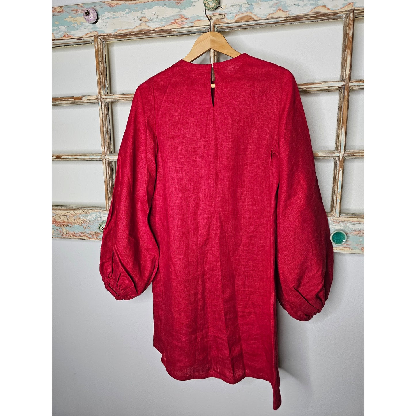 Red Linen knee length dress / Puff sleeves Ladies size ladies Medium