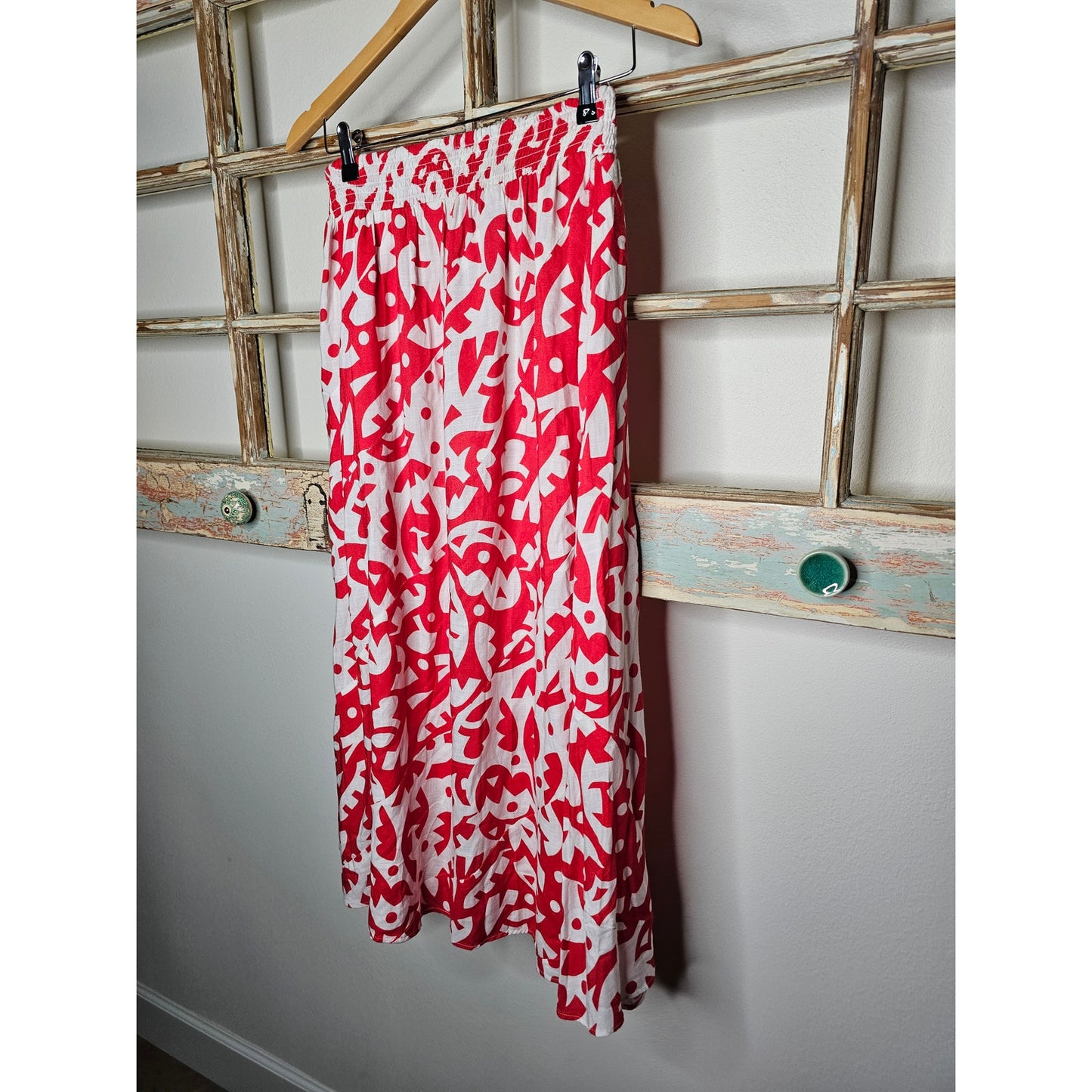 The Odells Red/White Abstract A-Line Midi Skirt Pockets size Small