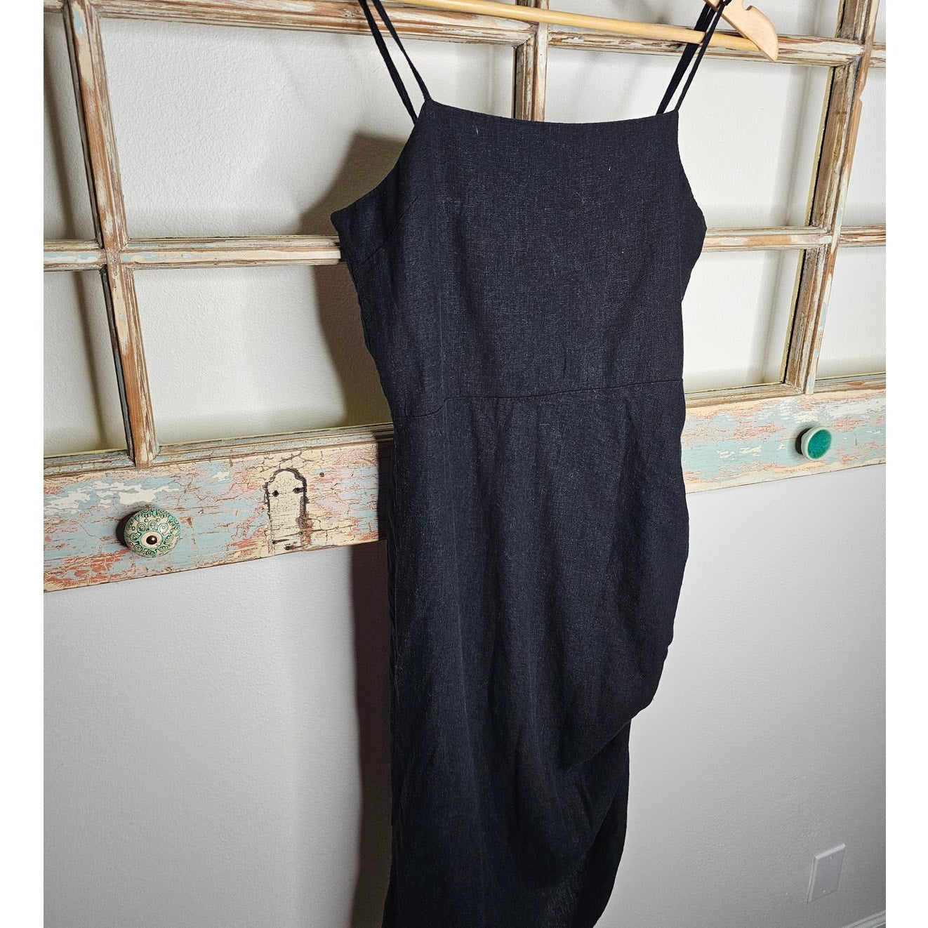 Linen Black Midi Dress with Spaghetti Straps and cinch Ladies size Large