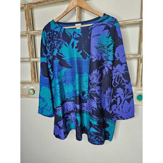 Chico's Tunic Sweater Purple, Blue and Turquoise Leaf Print Size 3/ XL