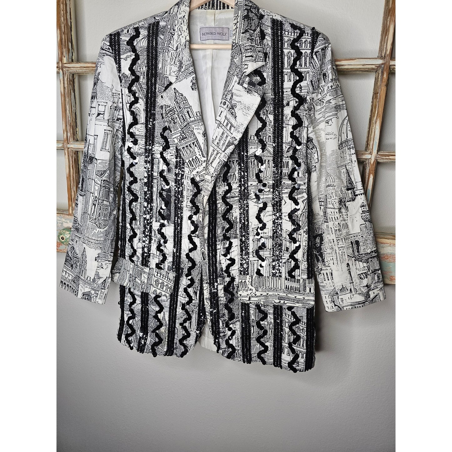 Vintage European Black/White Scenic Blazer with Sequin ric/rac front Size Large