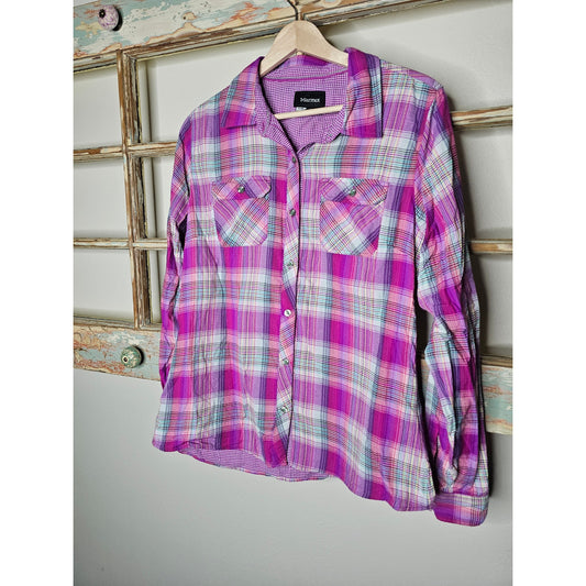 Marmot Magenta Plaid Button Up Long Sleeve Top Ladies size Large