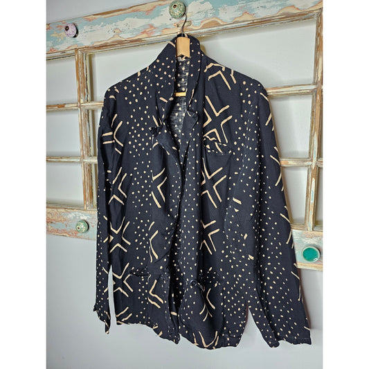 Boho Black/ Tan Open lightweight Geometric Pattern Blazer Size Large