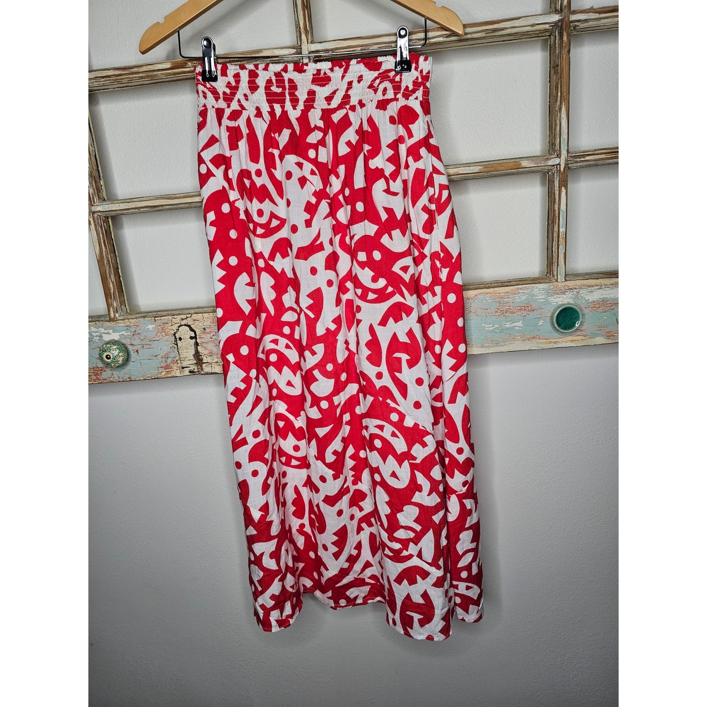 The Odells Red/White Abstract A-Line Midi Skirt Pockets size Small