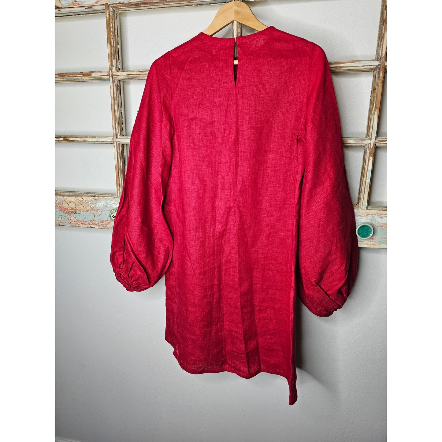 Red Linen knee length dress / Puff sleeves Ladies size ladies Medium