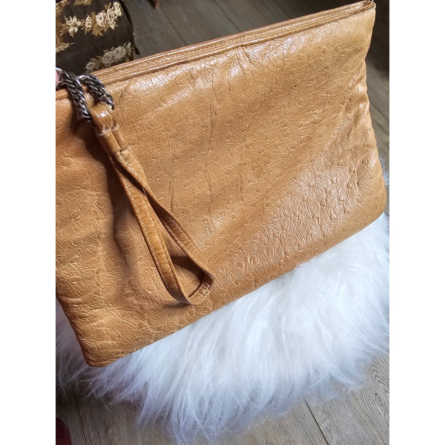 Vintage 80's Ruth Saltz Leather Clutch Ostrich Print