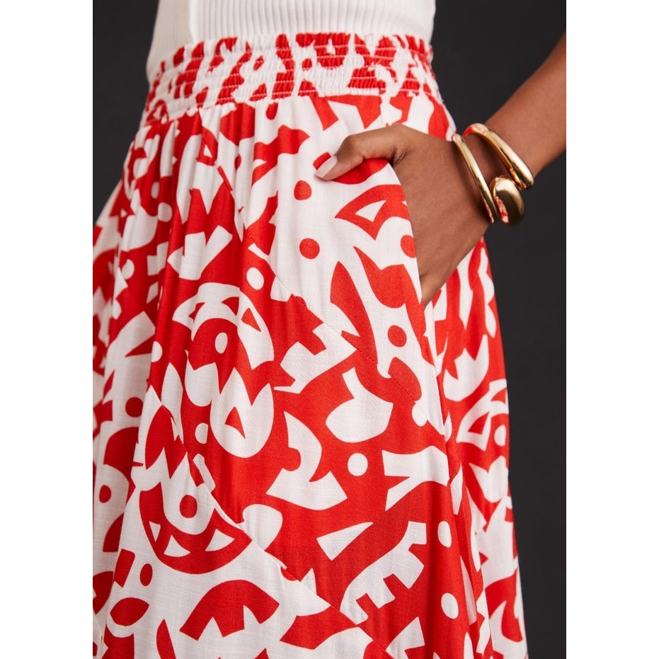 The Odells Red/White Abstract A-Line Midi Skirt Pockets size Small