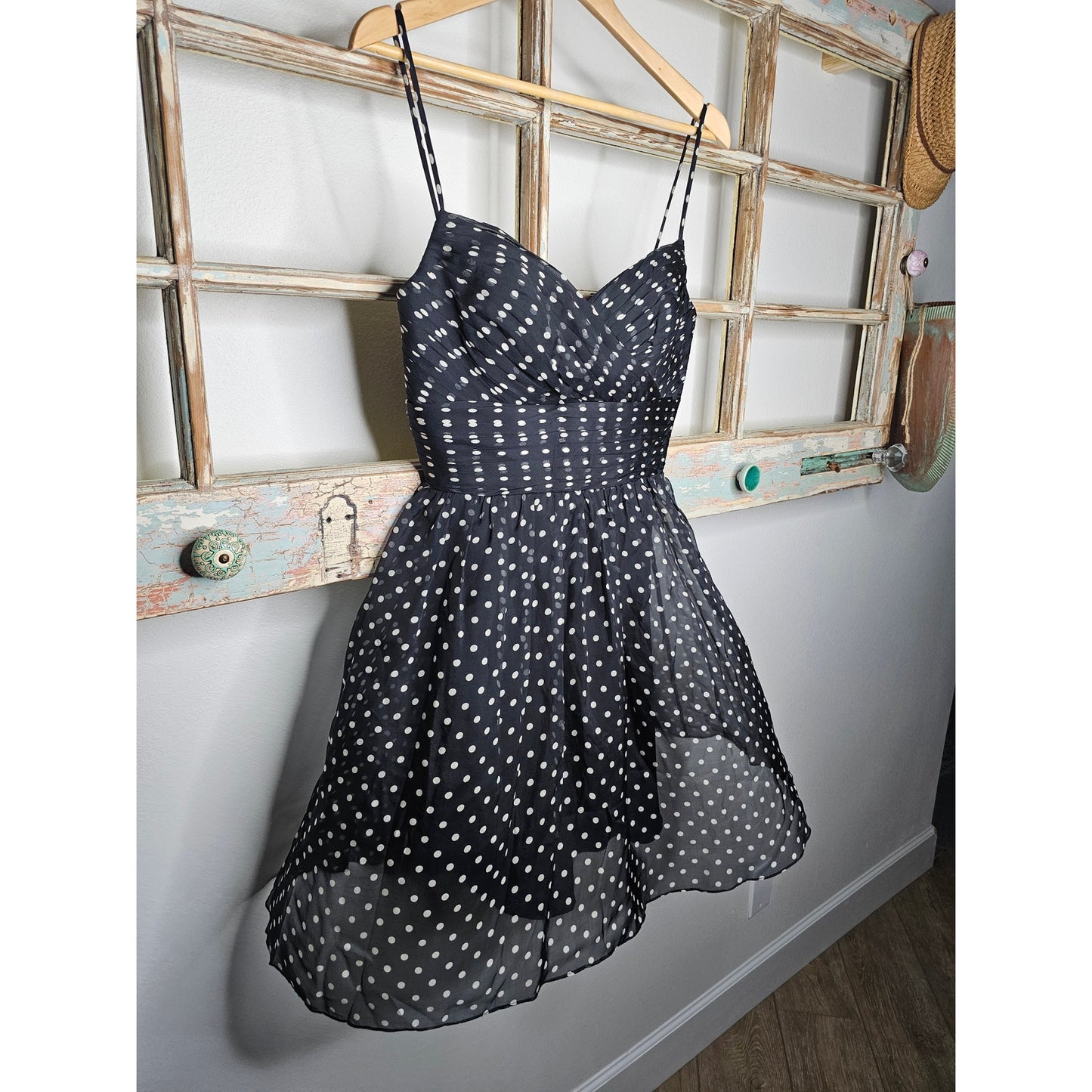 Black & White 100% Silk Polka Dot Mini Dress Spaghetti Straps Ladies size 8