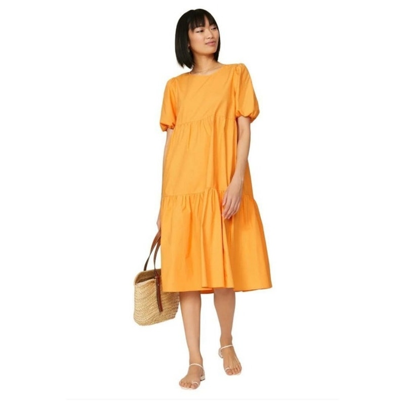 Peter Som Marigold Tiered Midi Dress Puff Sleeves W/ Keyhole back size 4