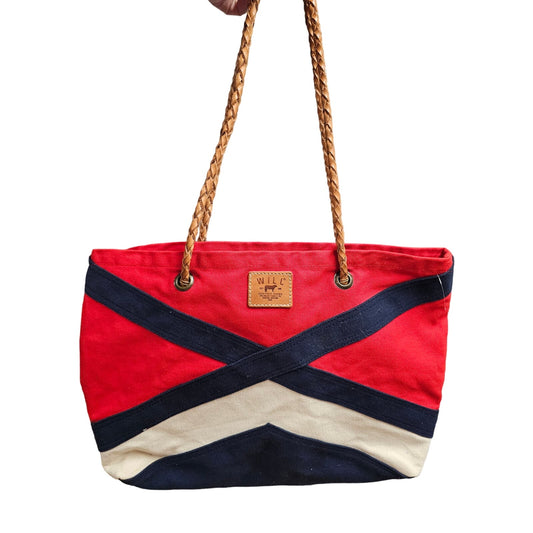 WILL Leather Goods Canvas & Leather shoulder bag purse in Red, White and Blue