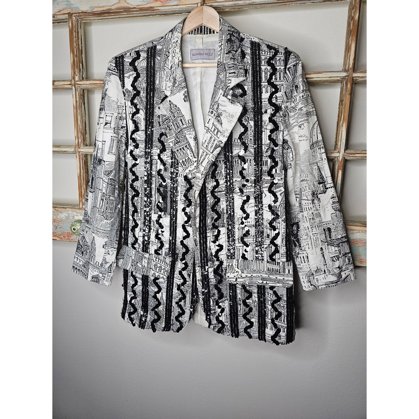Vintage European Black/White Scenic Blazer with Sequin ric/rac front Size Large