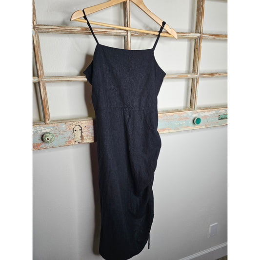 Linen Black Midi Dress with Spaghetti Straps and cinch Ladies size Large