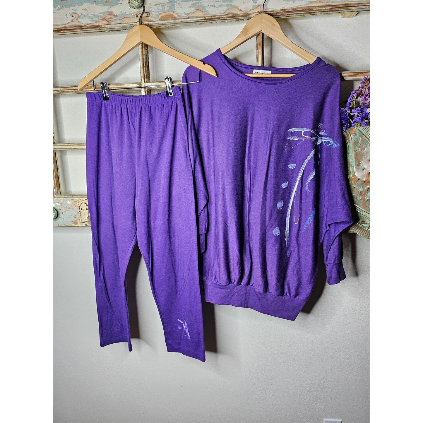 Vintage 80's Oversize Slouchy Shirt Batwing Purple Glitter Graphic Sz. small