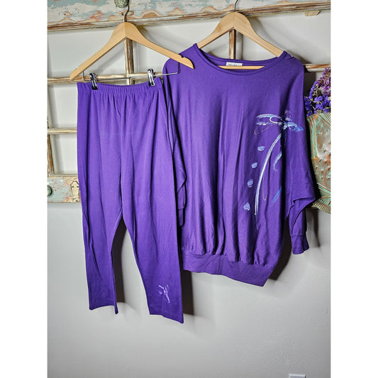 Vintage 80's Oversize Slouchy Shirt Batwing Purple Glitter Graphic Sz. small