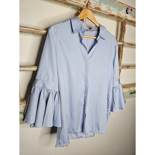 Marc New York Collared Button Up Blue Top 3/4 Bell Sleeves Size Medium