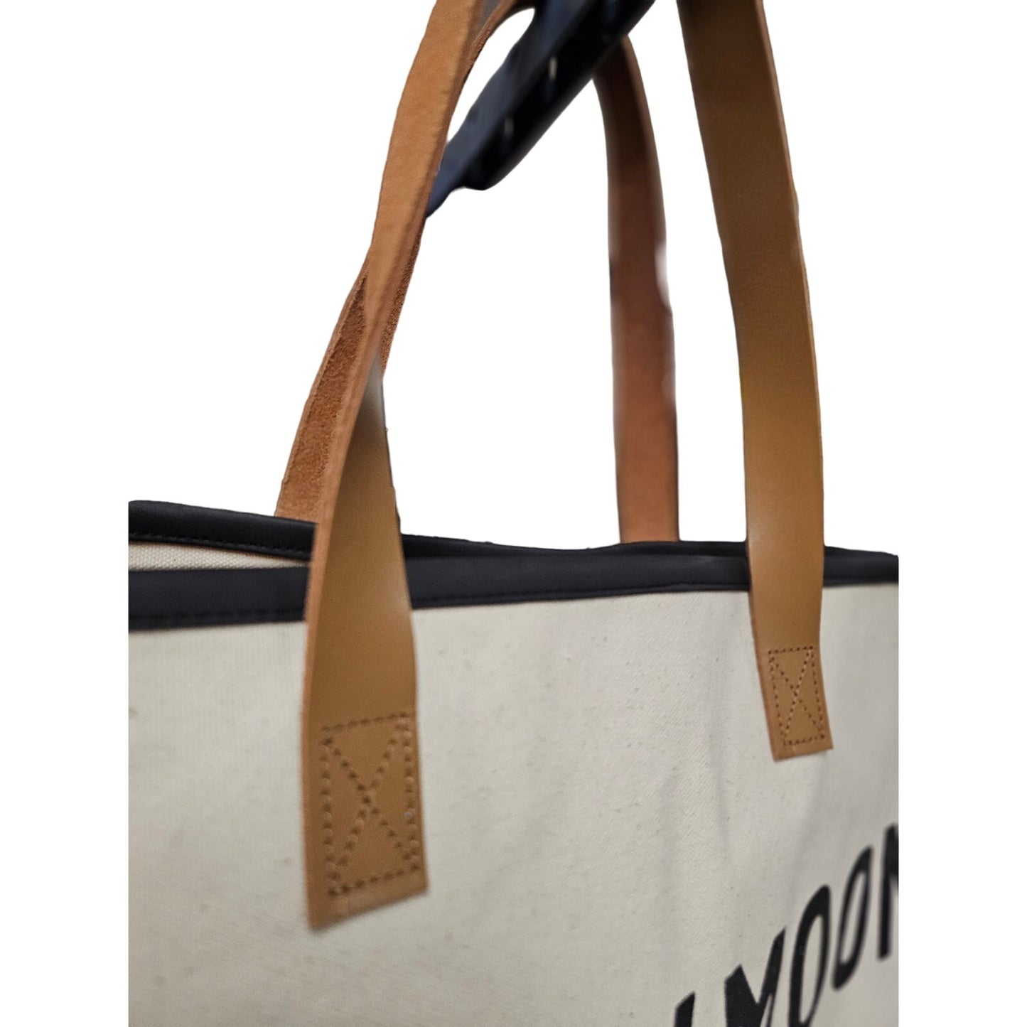 "Honeymoon Vibes" Canvas White Tote with Leather Handles and Blue