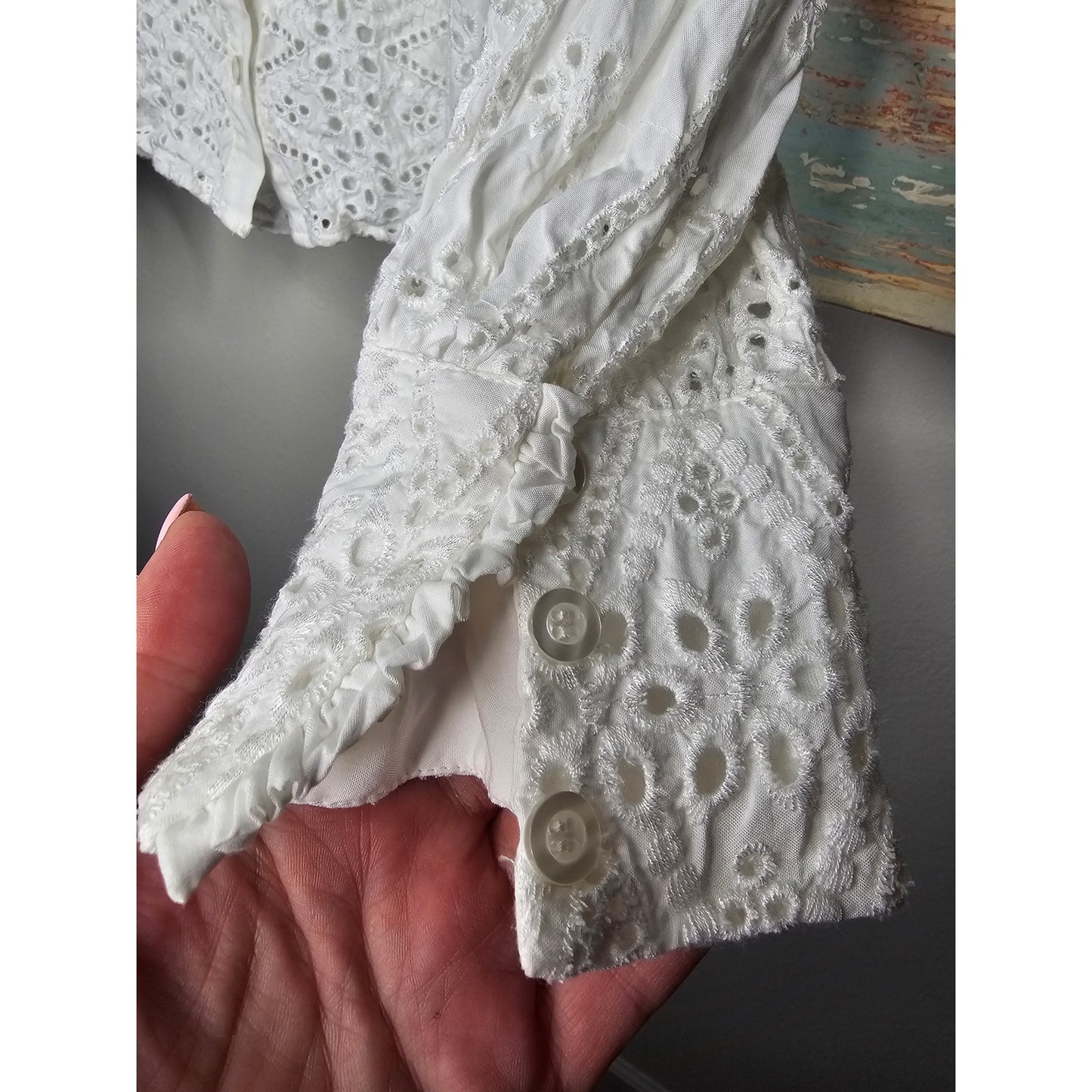 A Loves A Eyelet Lined White Button Up Top Ladies size Medium