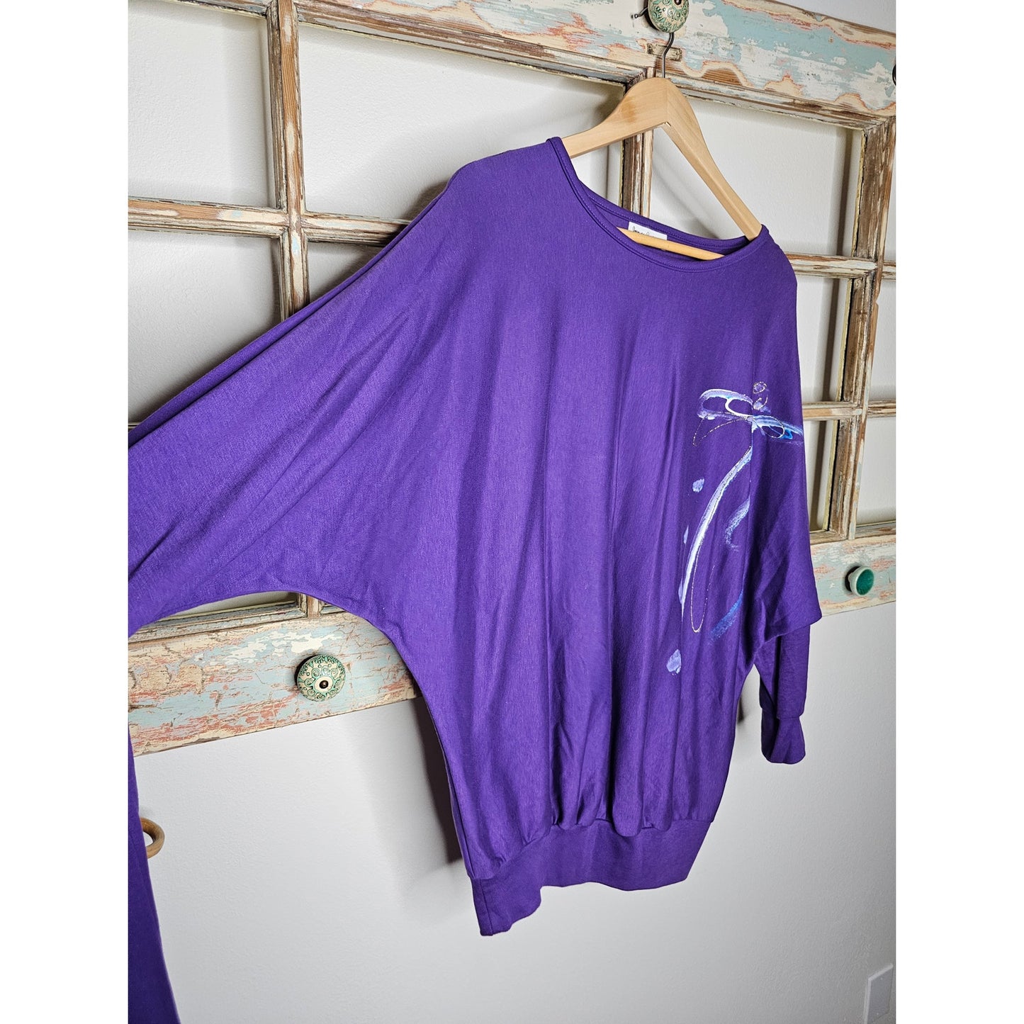 Vintage 80's Oversize Slouchy Shirt Batwing Purple Glitter Graphic Sz. small
