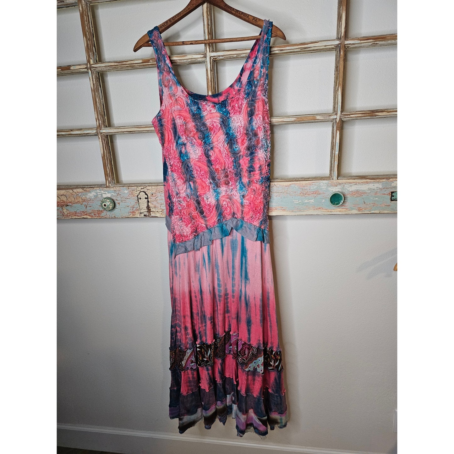 Boho Tie Dye Sleeveless Midi Dress With Layers of Detail Ladies size Medium
