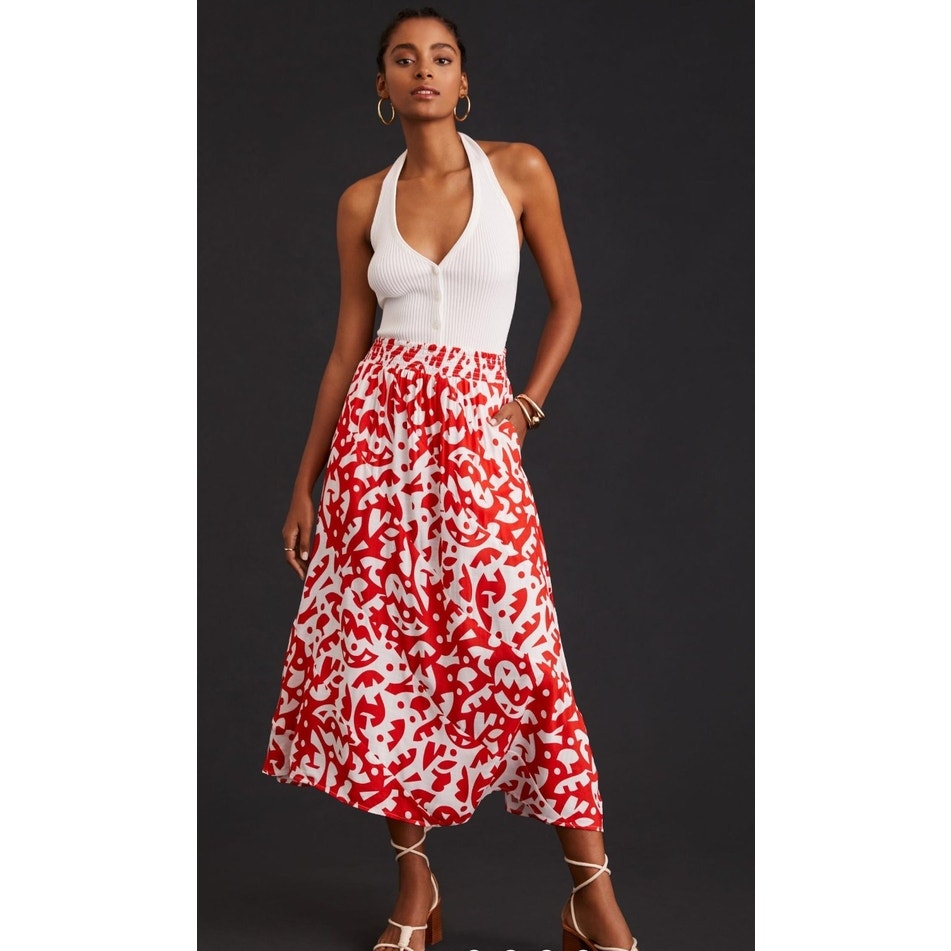 The Odells Red/White Abstract A-Line Midi Skirt Pockets size Small