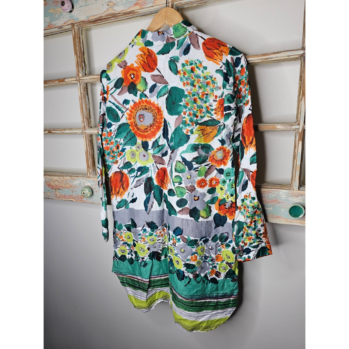 Linen Peck & Peck Fall Floral Tunic Long Sleeve Button Up Ladies size Small
