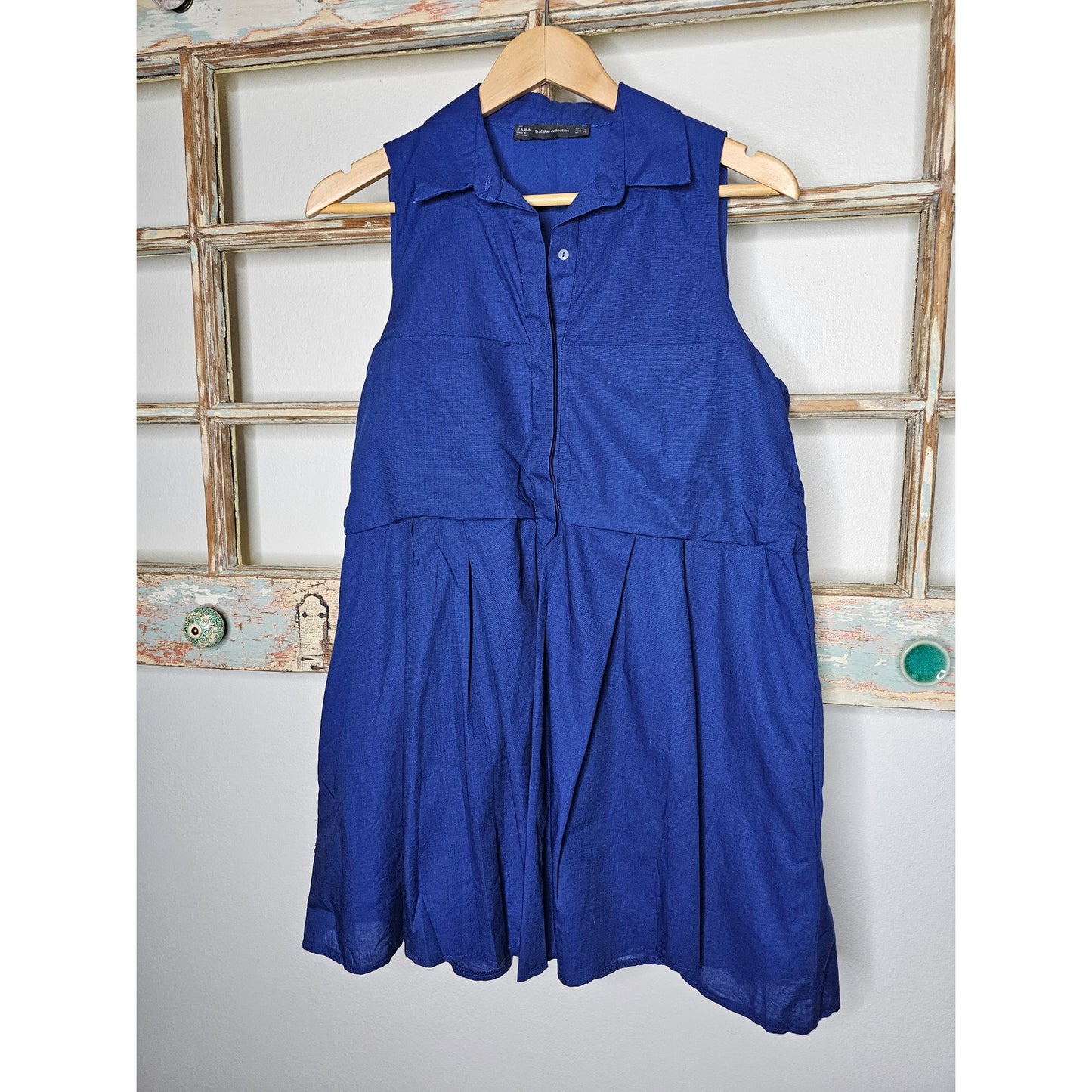 Zara Womens Sleeveless Collared Pullover Dress Pockets Blue Size Small