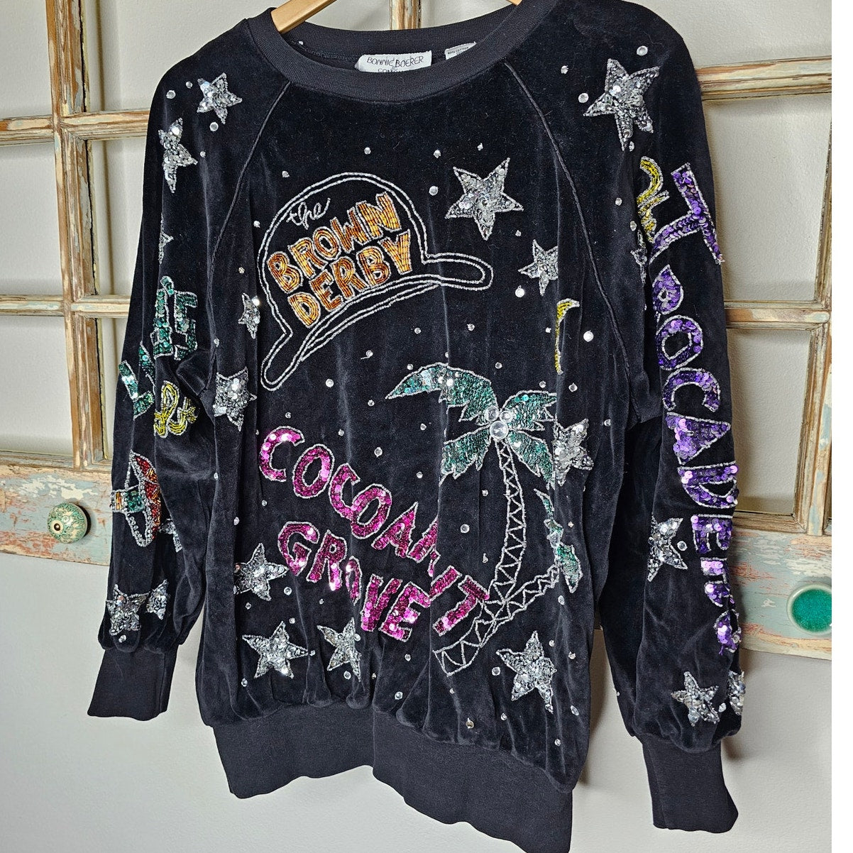 Vintage 80's Velour Sequins Pullover w/  California Night Spots ladies Medium