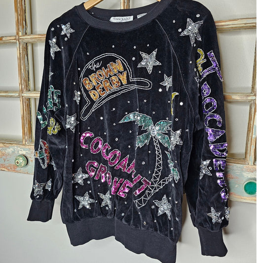 Vintage 80's Velour Sequins Pullover w/  California Night Spots ladies Medium