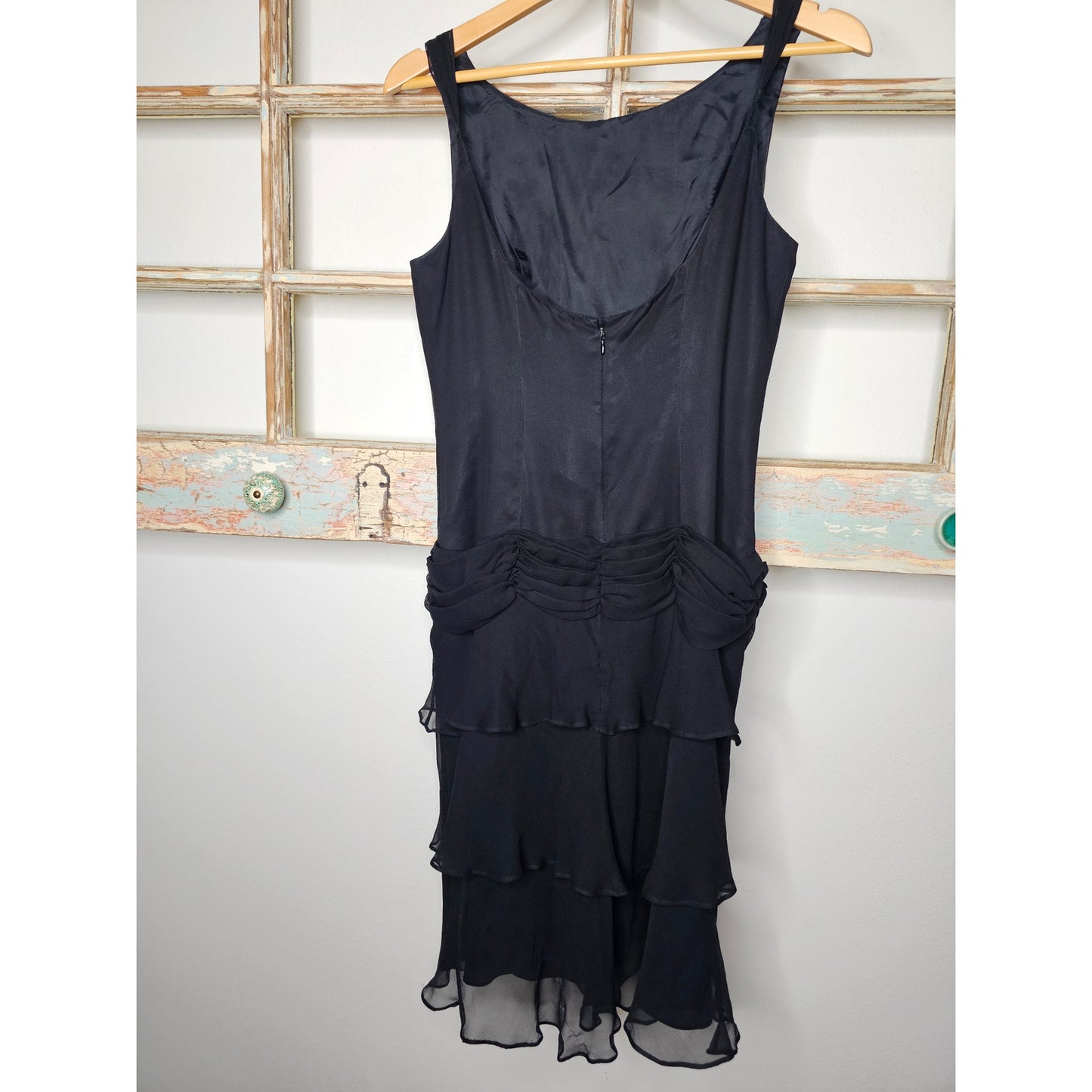 Vintage 100% Silk lined Sleeveless tiered Midi Dress w/ Swag waist size 8