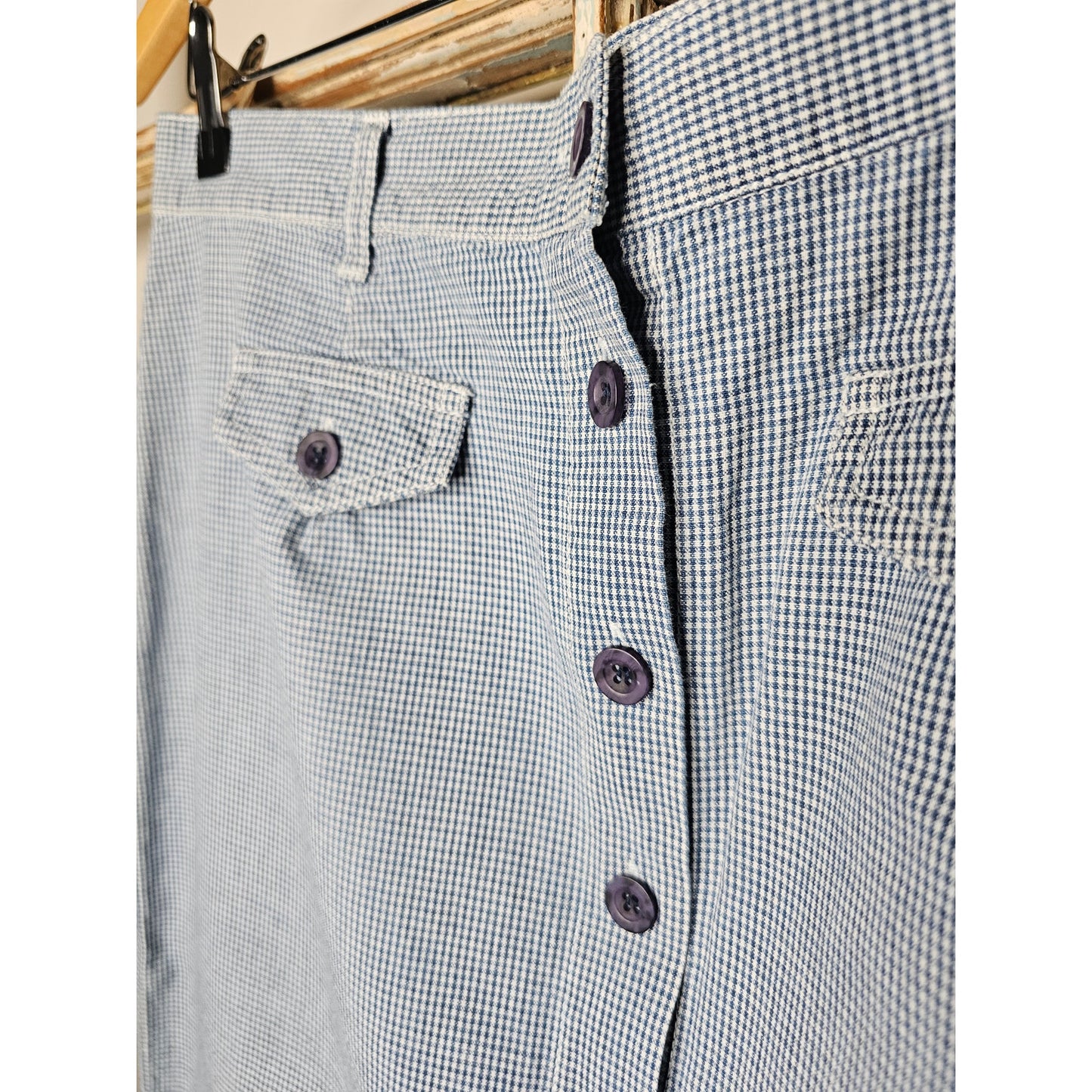 Vintage 907 Company Blue/White Gingham Button Front Denim Skirt Size 12
