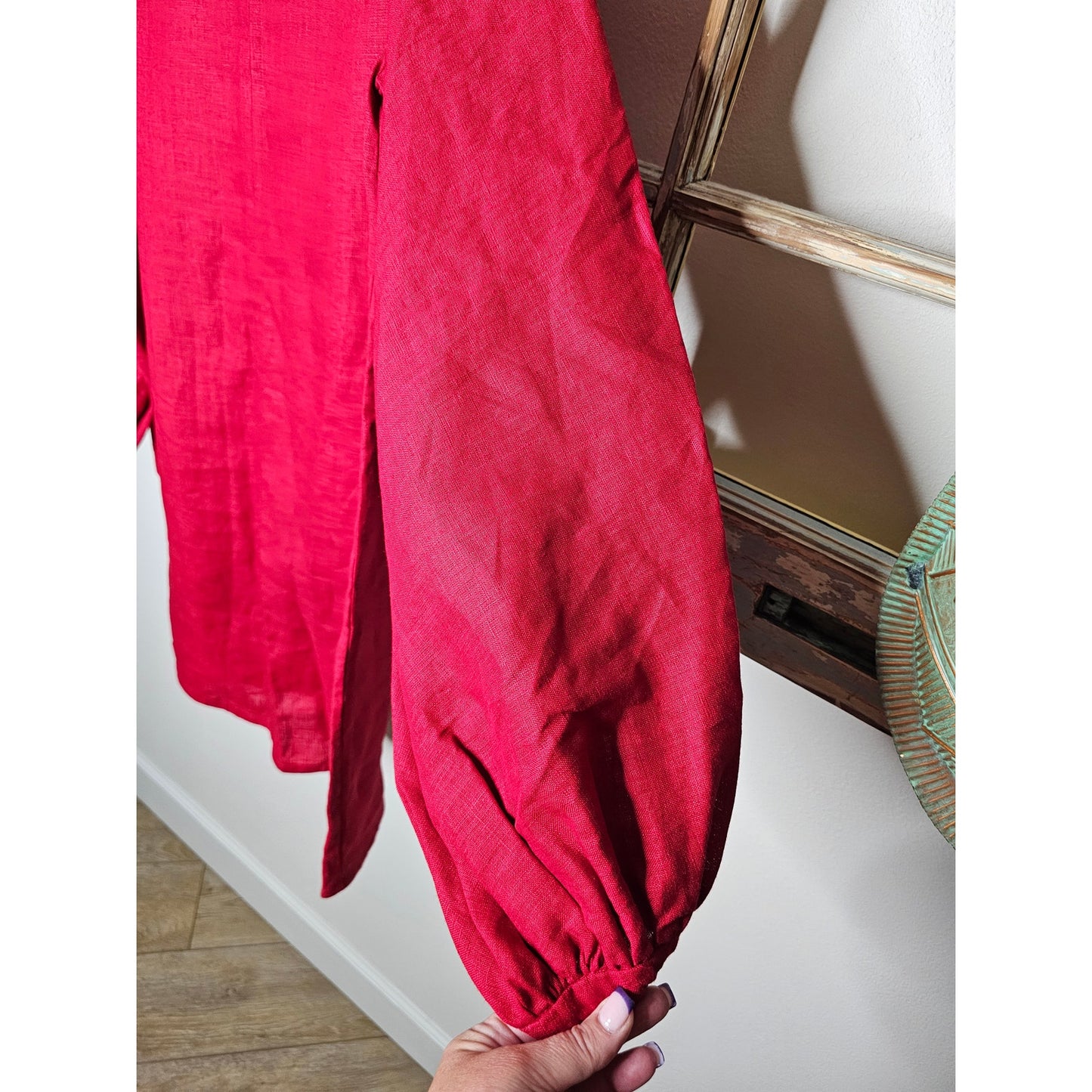 Red Linen knee length dress / Puff sleeves Ladies size ladies Medium